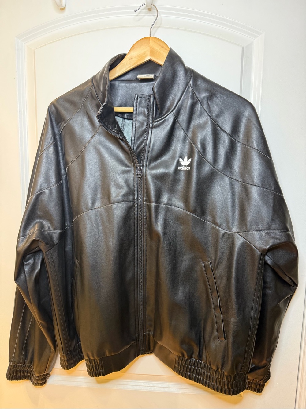 adidas Black Faux Leather Bomber Jacket with Trefoil Logo, size L